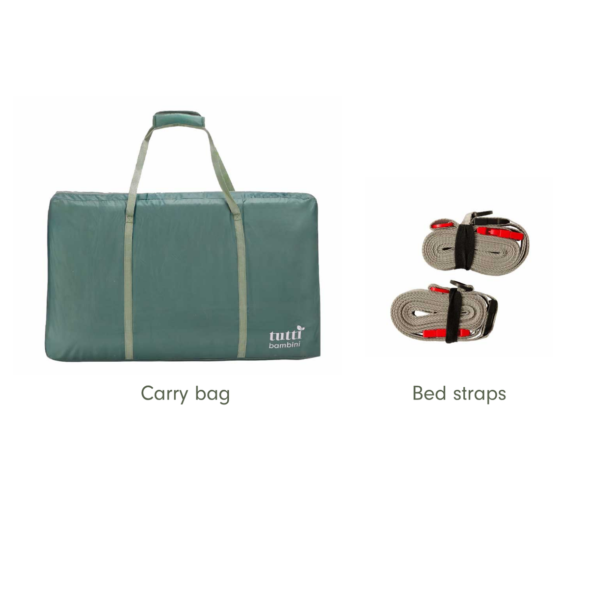 An infographic showing a sleep aid product set on a white background, labelled with component names: a teal carry bag and two coiled bed straps.