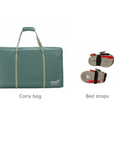 An infographic showing a sleep aid product set on a white background, labelled with component names: a teal carry bag and two coiled bed straps.