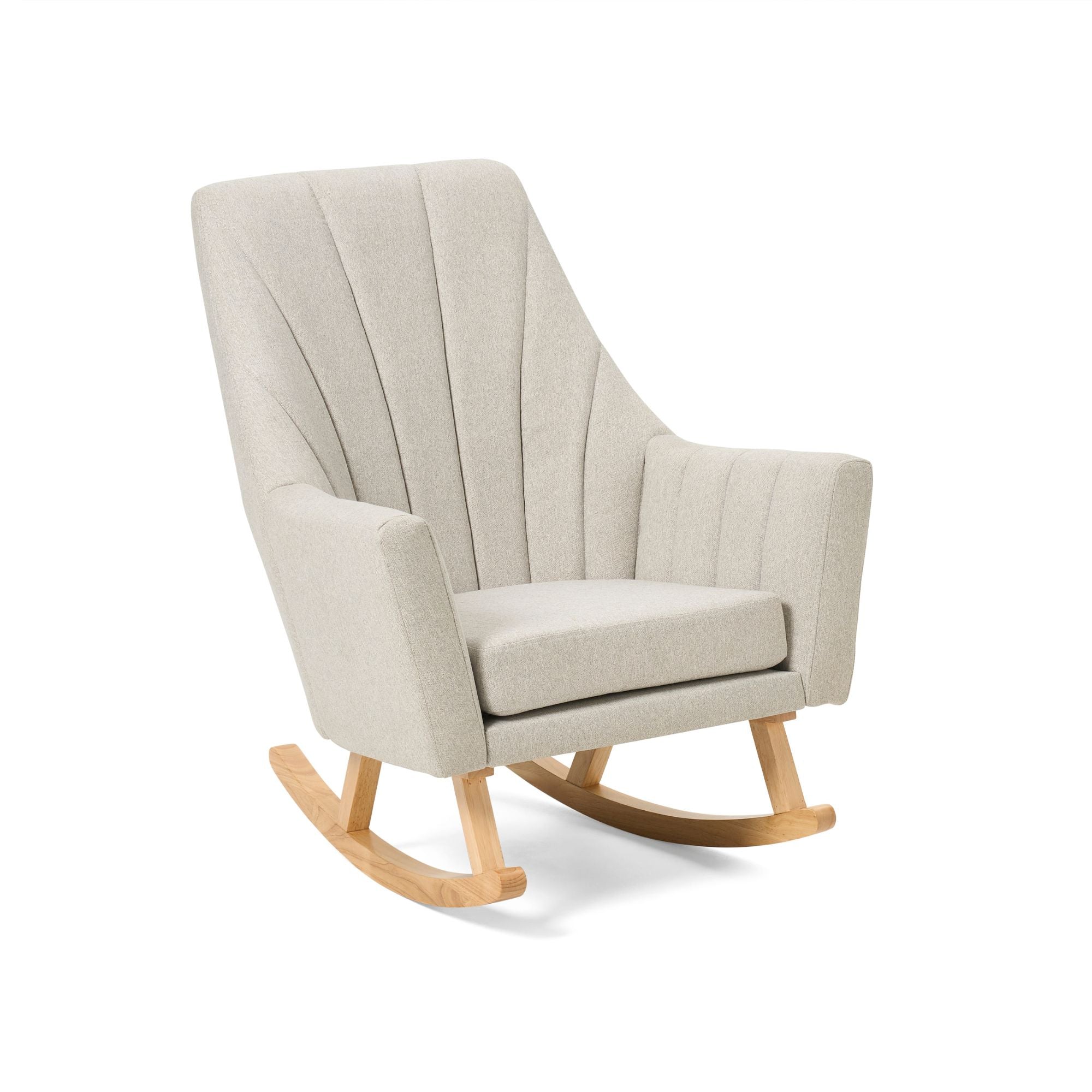 Angled view of the Jonah rocking chair in Pebble with ergonomic padded seat and backrest for comfort in nursery spaces.