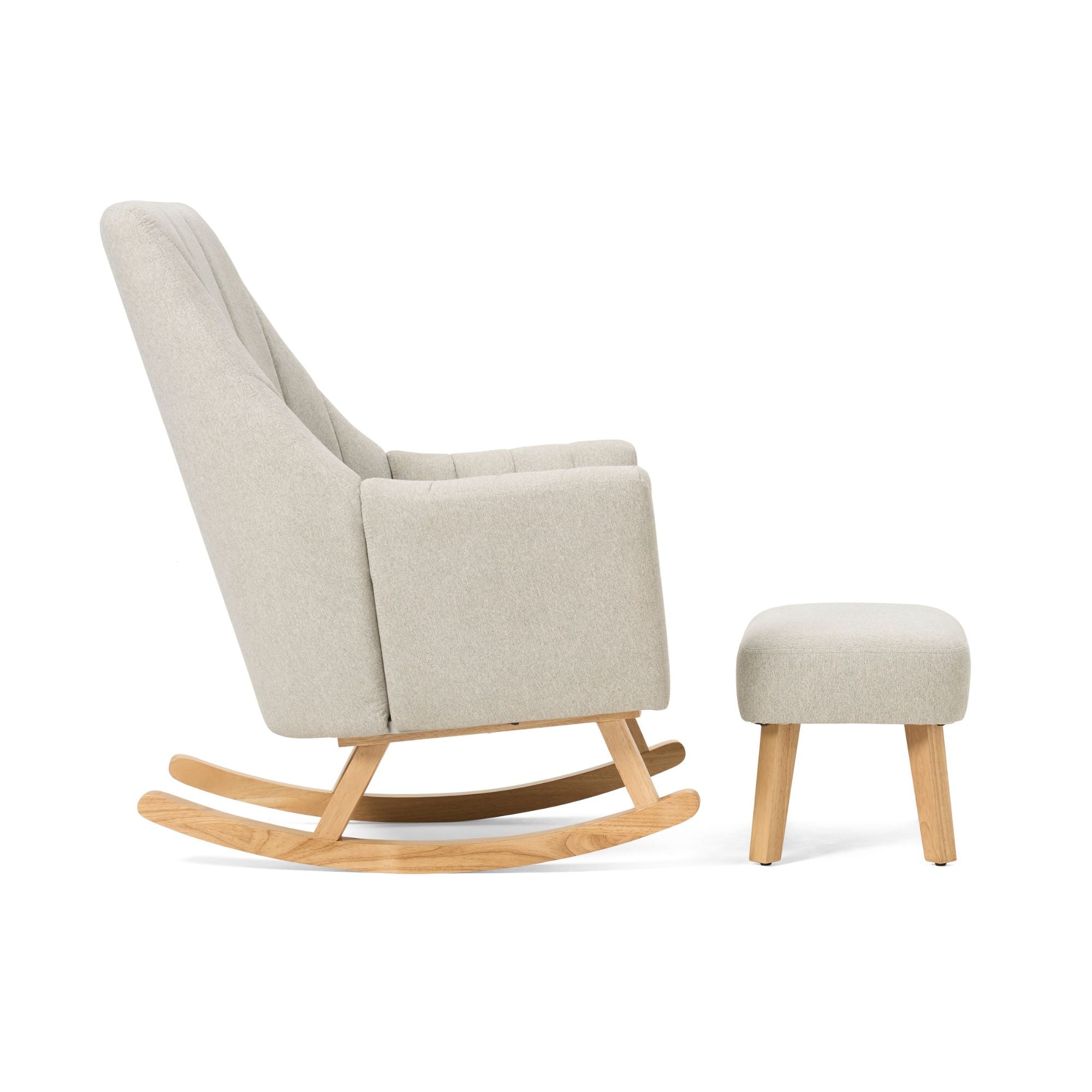 Side view of the Jonah rocking chair and footstool set in Pebble with wooden rocking legs and upholstered finish for a relaxing seating experience.
