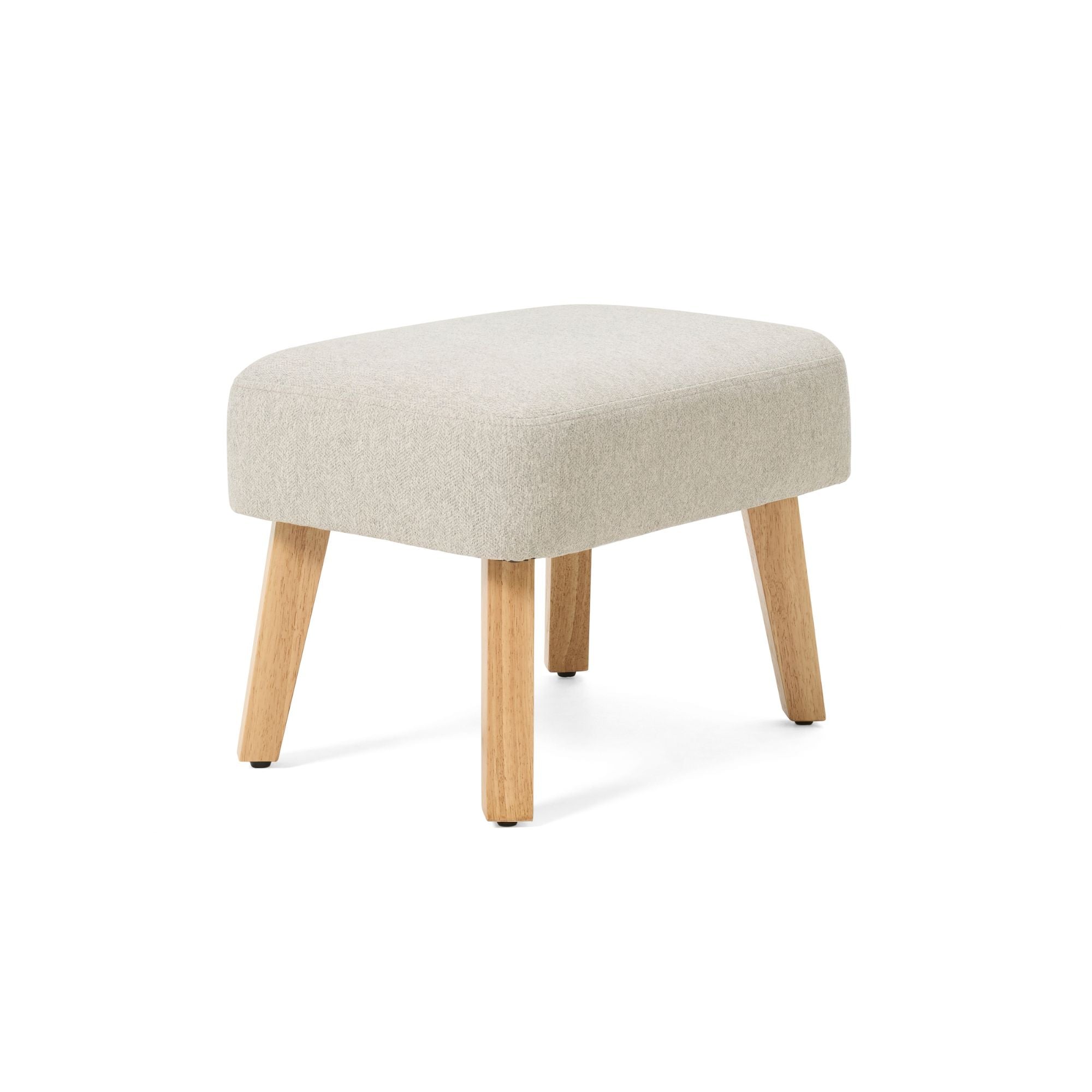 Front-facing view of the Jonah footstool in Pebble with soft upholstered seat and angled wooden legs for comfort and support.