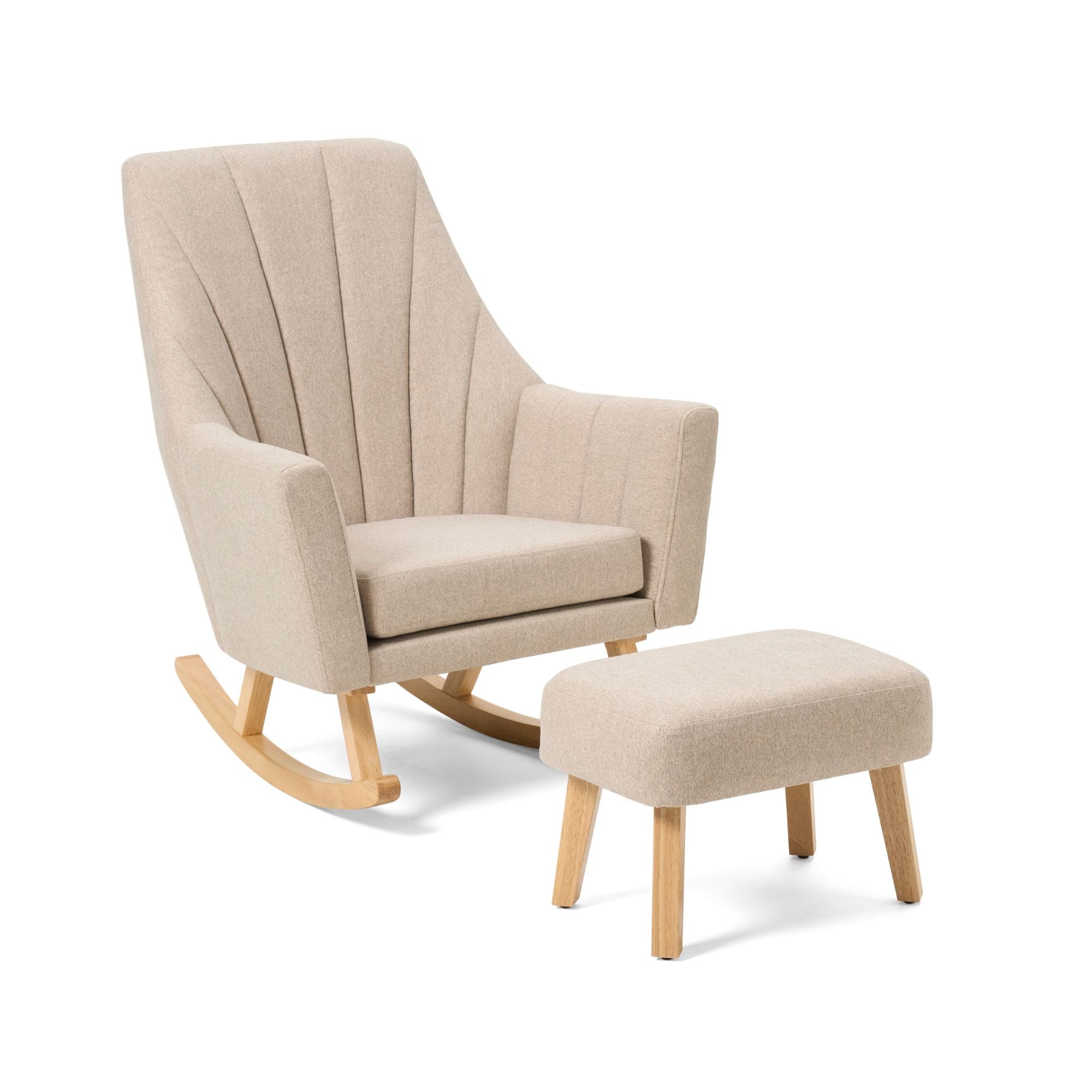 Angled view of the Jonah rocking chair and footstool in Stone with smooth rocking legs and plush fabric upholstery, perfect for feeding, reading or relaxing.