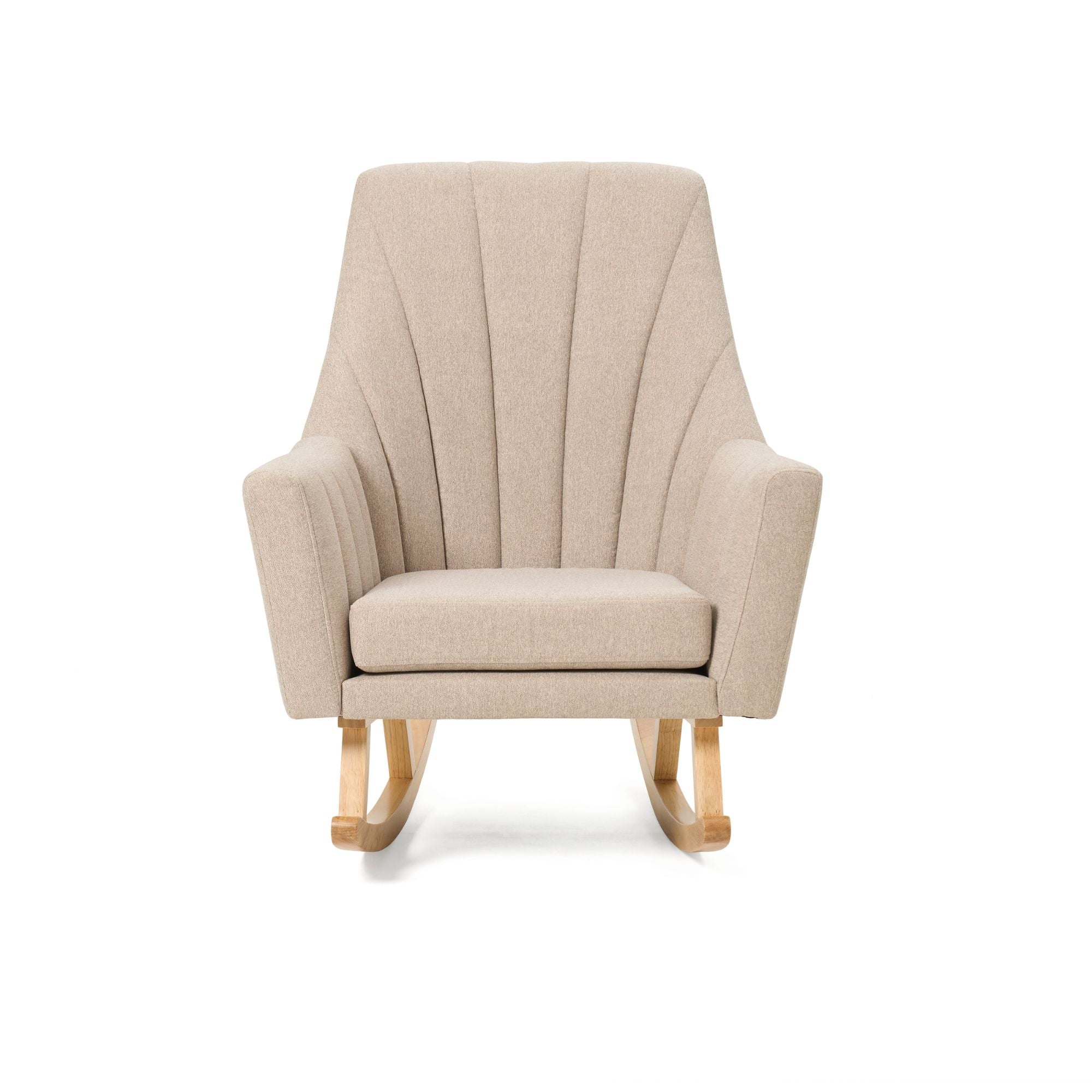 Front-facing view of the Jonah rocking chair in Stone featuring a tall scalloped backrest, thick padded seat, and gently curved wooden rockers for a classic nursery look.