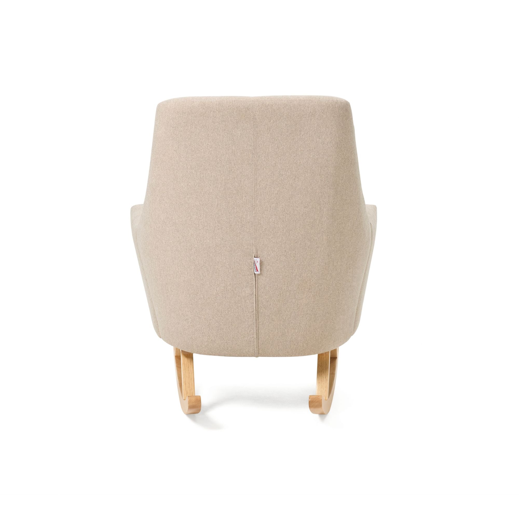 Rear view of the Jonah rocking chair in Stone showing its full fabric backrest and elegant wooden rockers, offering a clean and stylish silhouette.