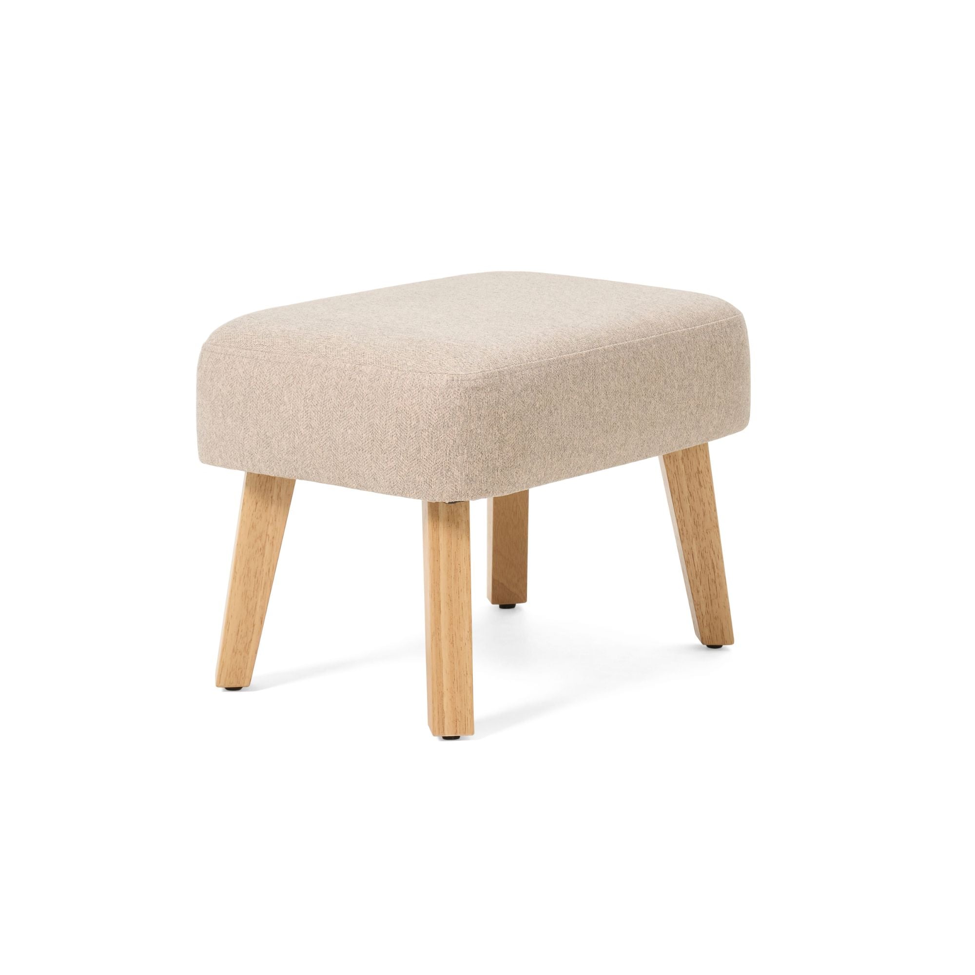 Angle view of the Jonah footstool in Stone with softly upholstered seat and angled natural wood legs, designed for comfort and style.
