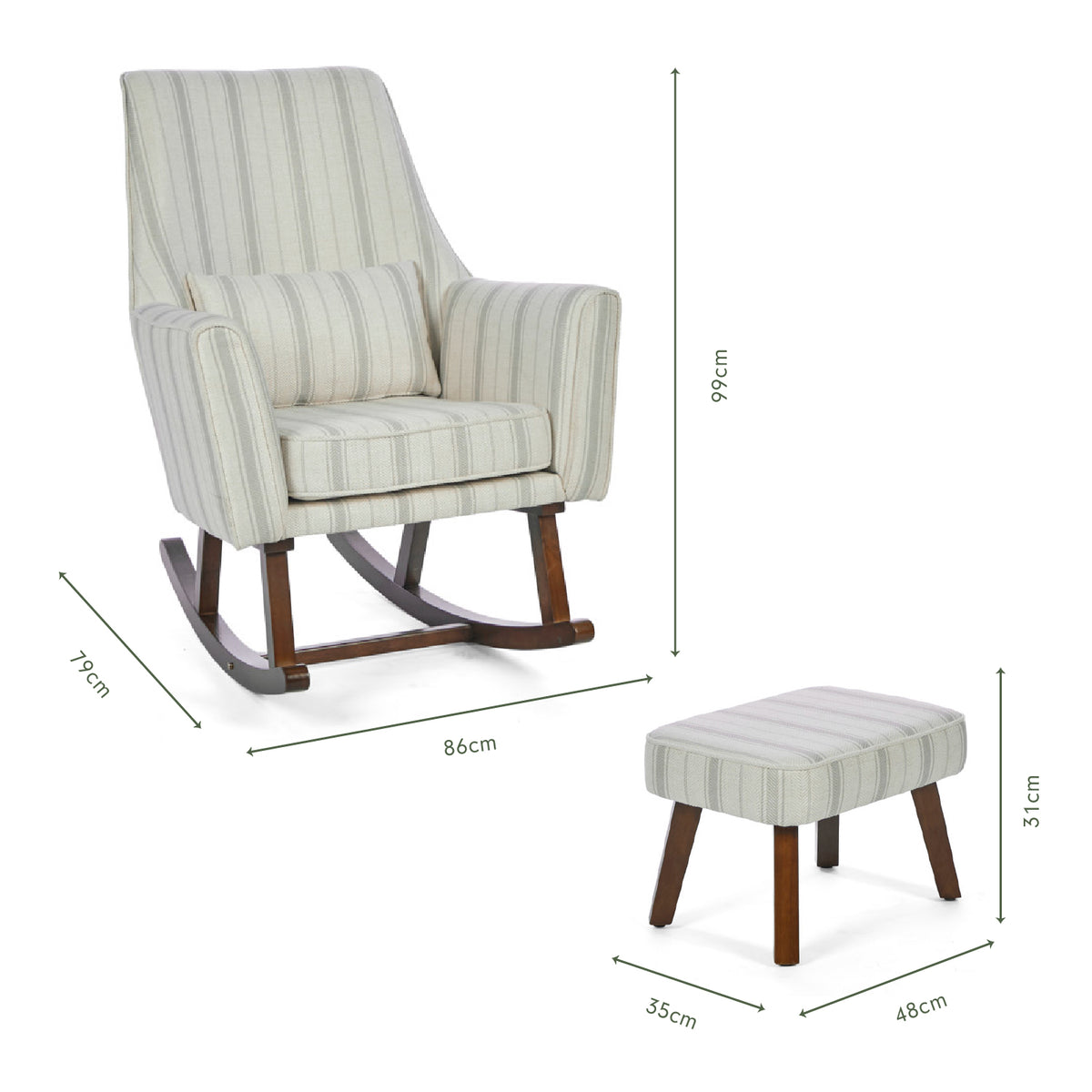 Dimensions of the Juno rocking chair and matching footstool in cashmere vintage stripe with walnut legs in a white background.