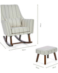 Dimensions of the Juno rocking chair and matching footstool in cashmere vintage stripe with walnut legs in a white background.