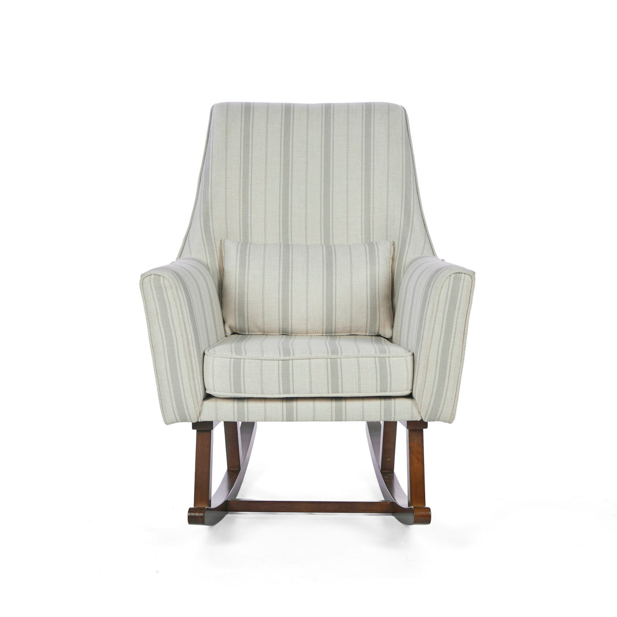 A front view of the Juno rocking chair in cashmere vintage stripe with walnut rocking chair legs in a white background.