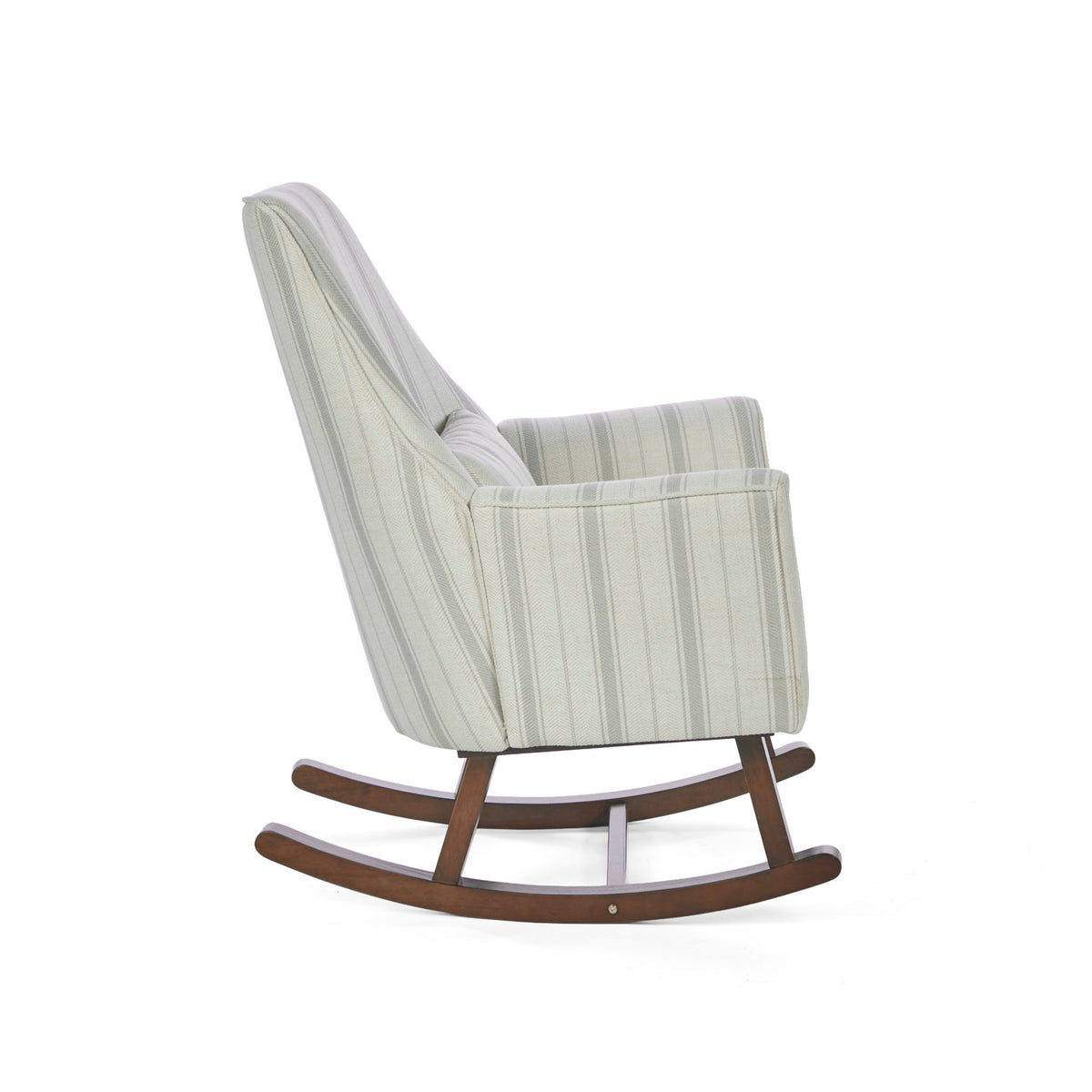 A side view of the Juno rocking chair in cashmere vintage stripe with walnut rocking chair legs in a white background.
