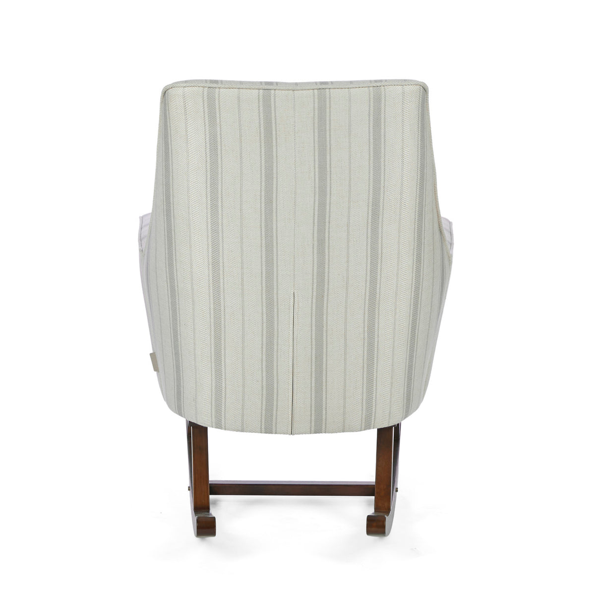 A back view of the Juno rocking chair in cashmere vintage stripe with walnut rocking chair legs in a white background.