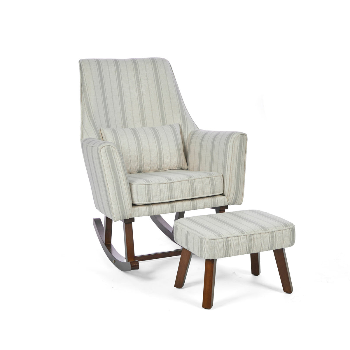 An angle view of the Juno rocking chair and matching footstool in cashmere vintage stripe with walnut legs in a white background.