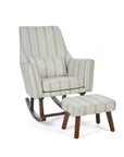 An angle view of the Juno rocking chair and matching footstool in cashmere vintage stripe with walnut legs in a white background.