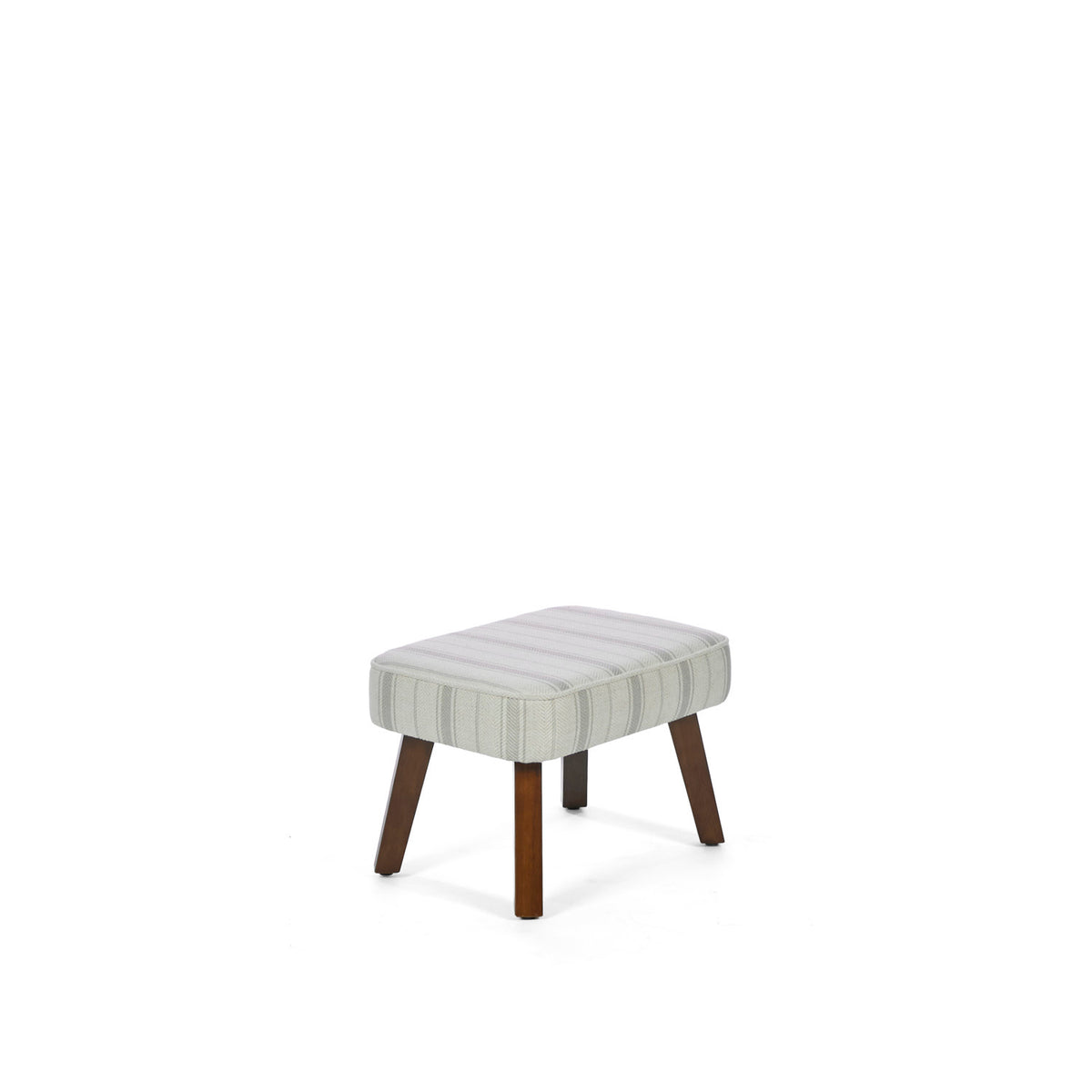 The matching footstool of the Juno rocking chair in cashmere vintage stripe and walnut in a white background.