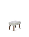 The matching footstool of the Juno rocking chair in cashmere vintage stripe and walnut in a white background.