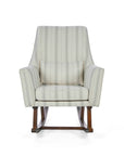 A front view of the Juno rocking chair in cashmere vintage stripe with walnut rocking chair legs in a white background.