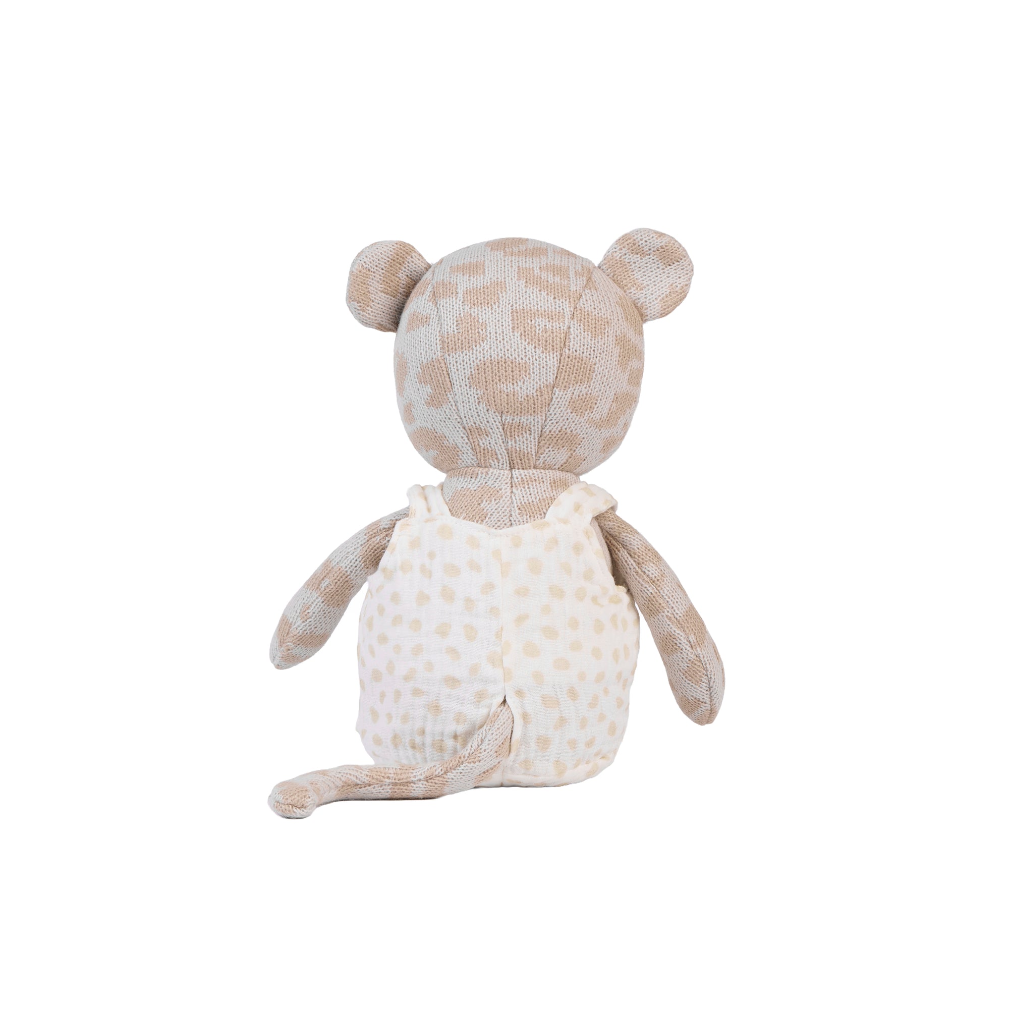 A plush leopard toy shown from the back, featuring a beige and cream leopard print pattern on its head and arms, and a cream belly with small beige polka dots, set against a plain white background.