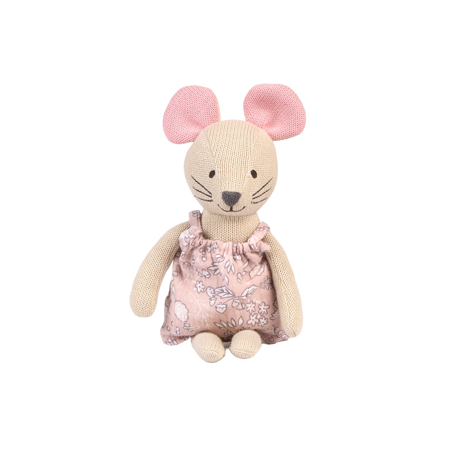Margot Mouse knitted toy on a white background.