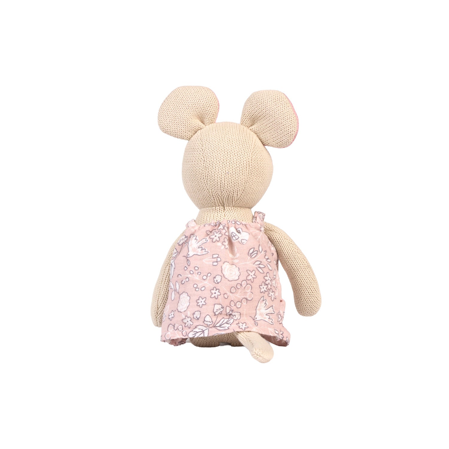 The back angle of Margot Mouse knitted toy sitting on a white background.