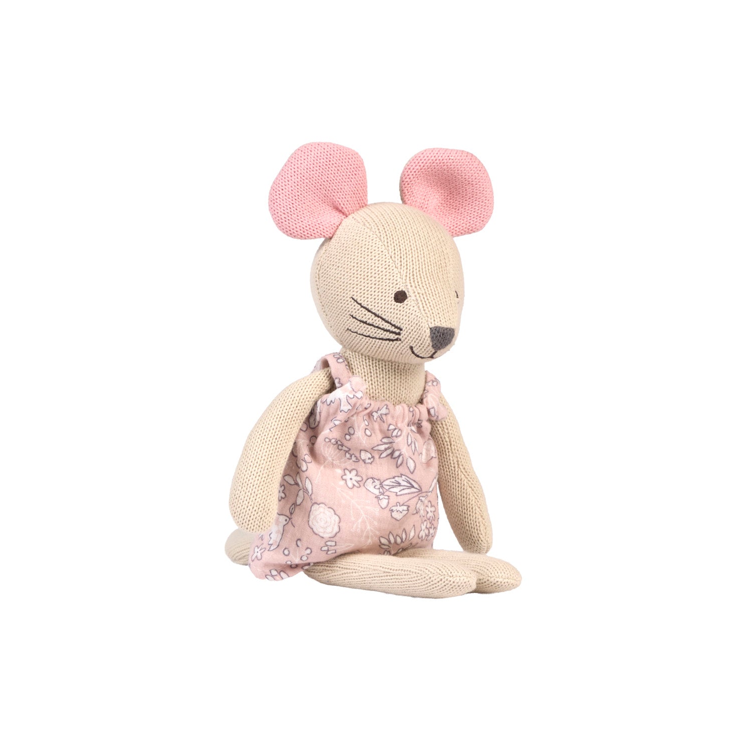 Margot Mouse knitted toy sitting sideways on a white background.