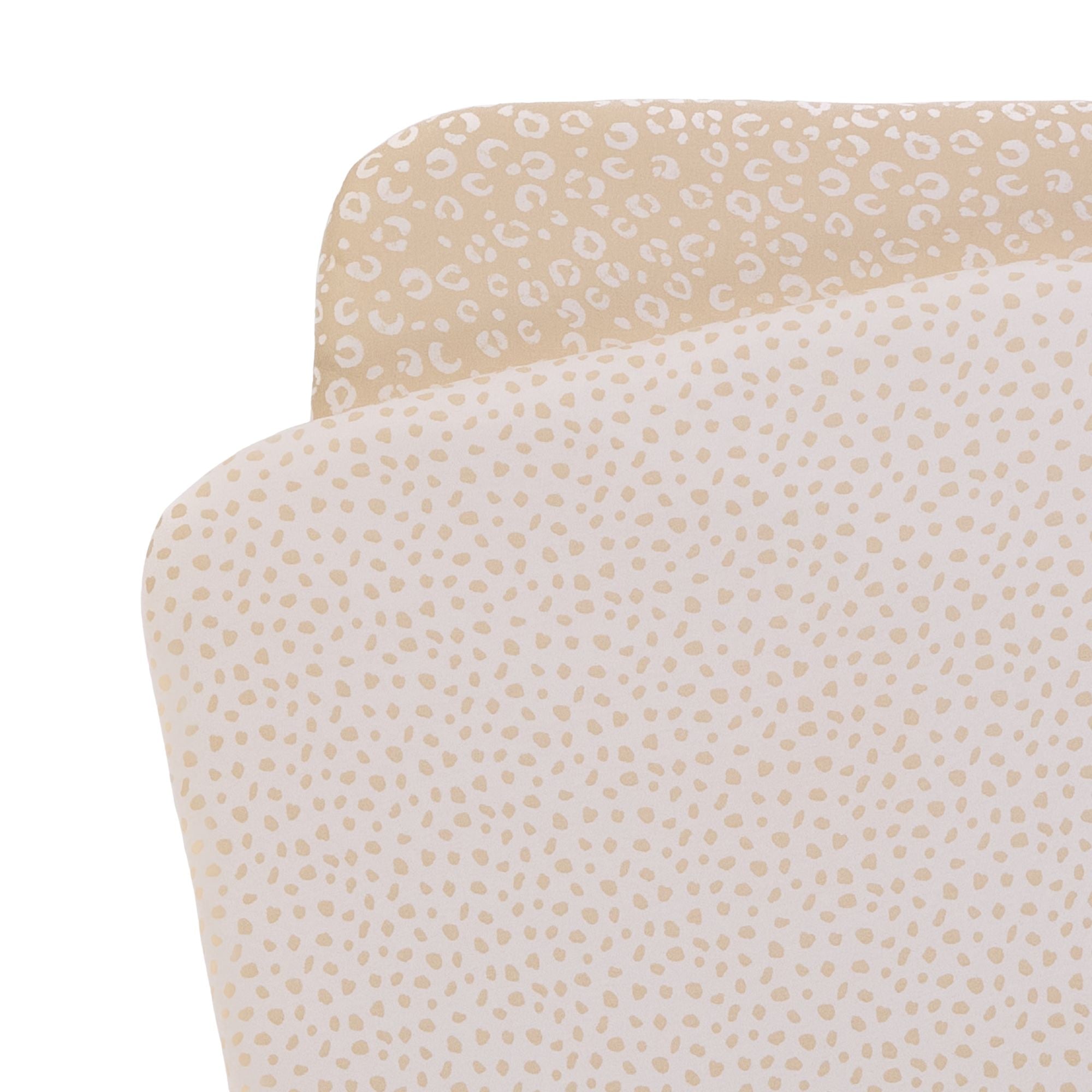 Pack of 2 Love Cats bedside crib fitted sheets with an animal print and an abstract dot print, on a white background