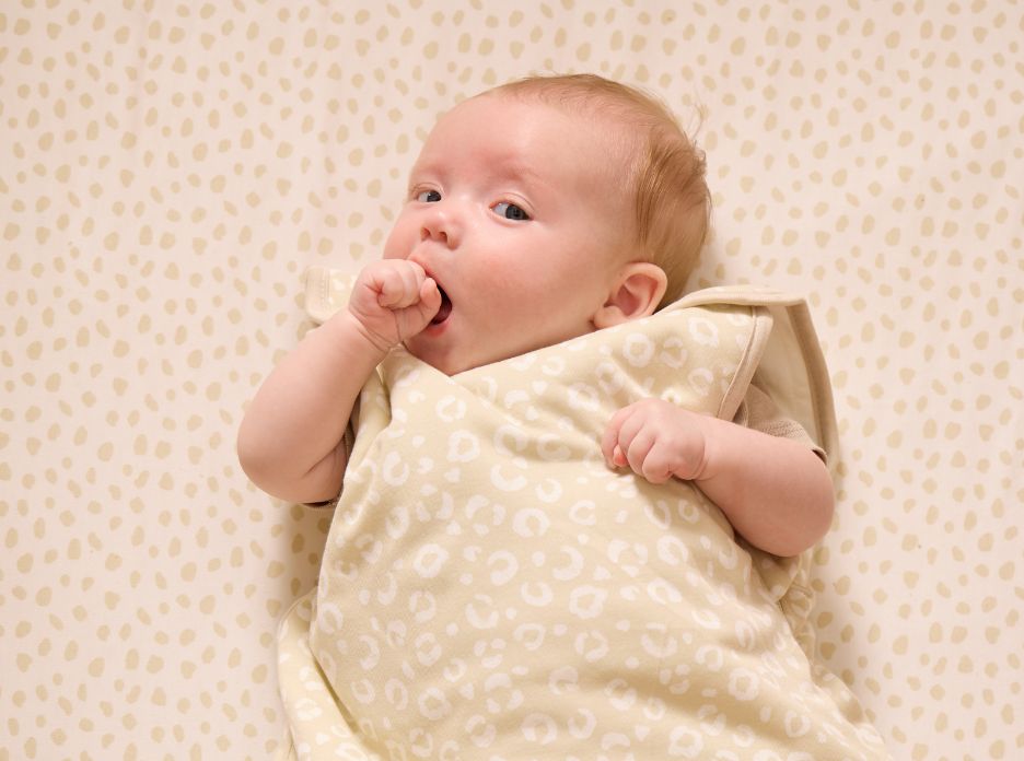 A newborn baby wrapped in a beige printed sleep bag.