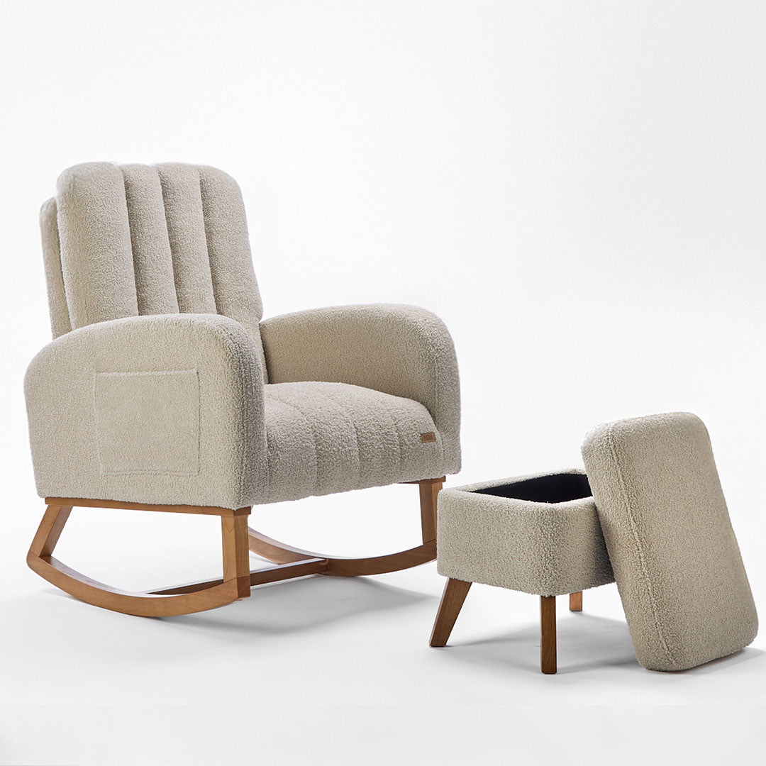 Angle view of the Luca nursing chair and matching footstool in mushroom, showcasing a rounded silhouette, side pockets and rubberwood runners in a white background.