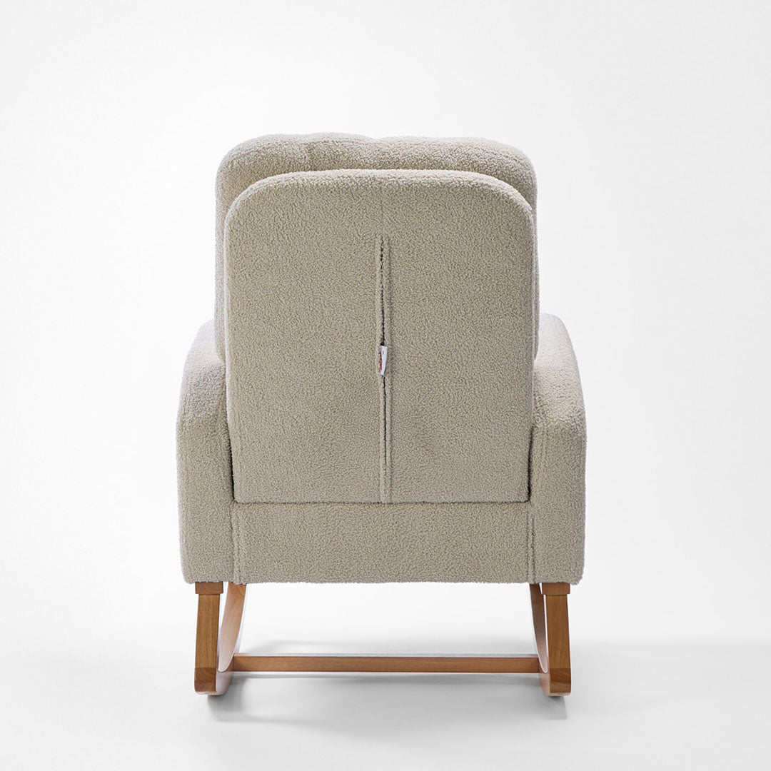 Back view of the Luca nursing chair and matching footstool in mushroom, showcasing a rounded silhouette and rubberwood runners in a white background.