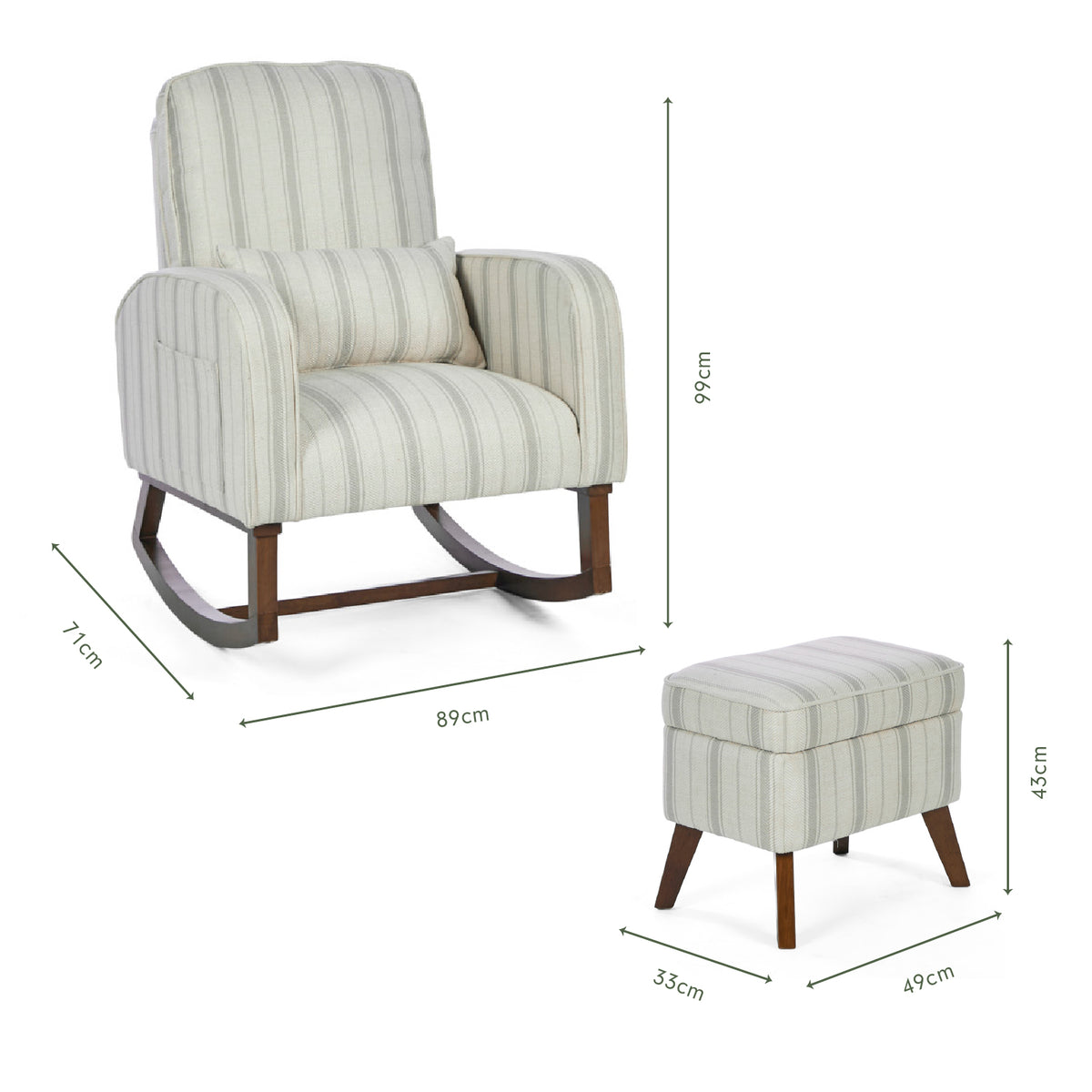 Dimensions of the Luca rocking chair and matching footstool in cashmere vintage stripe with walnut legs in a white background.