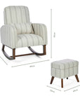 Dimensions of the Luca rocking chair and matching footstool in cashmere vintage stripe with walnut legs in a white background.