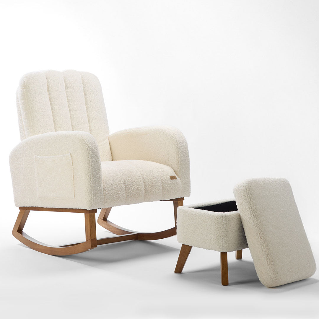 Angle view of the Luca nursing chair and matching footstool in cream, showcasing a rounded silhouette, side pockets and rubberwood runners in a white background.