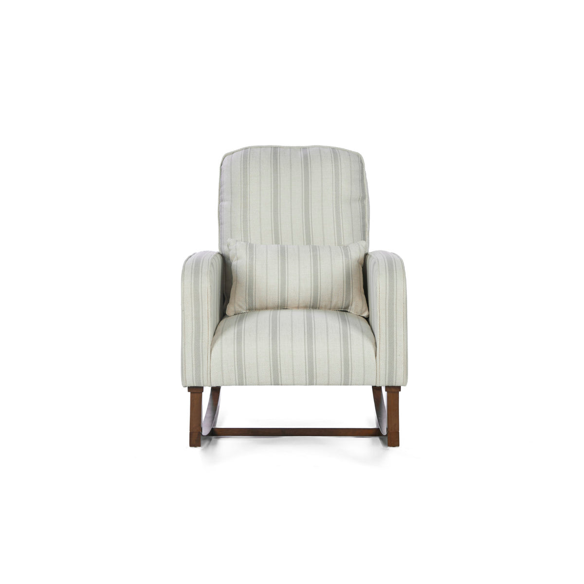 A front view of the Luca rocking chair in cashmere vintage stripe with walnut rocking chair legs in a white background.