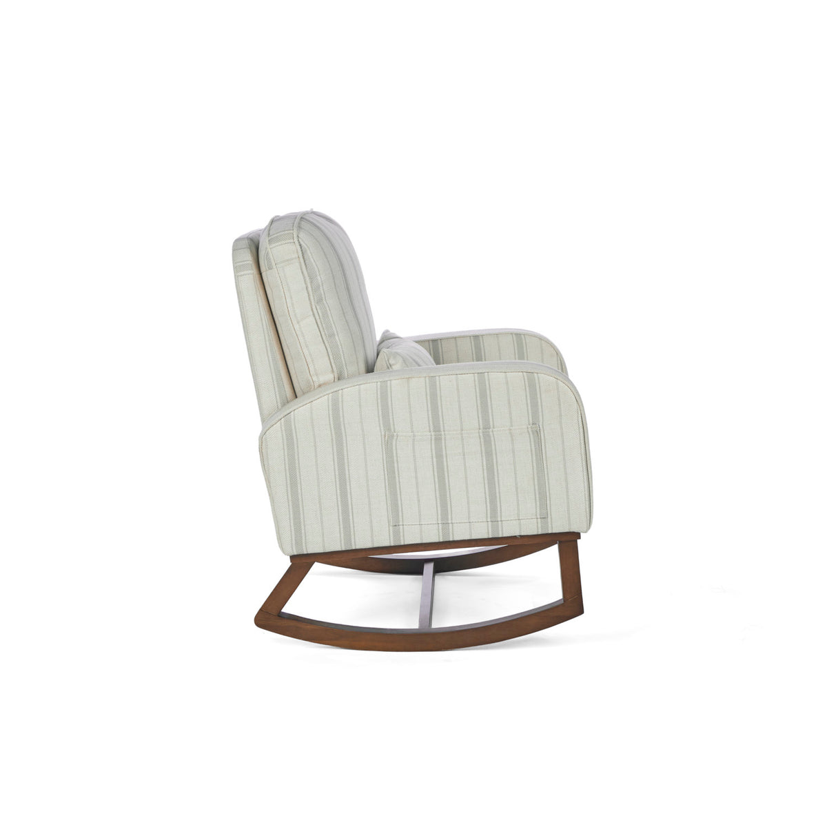A side view of the Luca rocking chair in cashmere vintage stripe with walnut rocking chair legs in a white background.