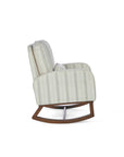 A side view of the Luca rocking chair in cashmere vintage stripe with walnut rocking chair legs in a white background.