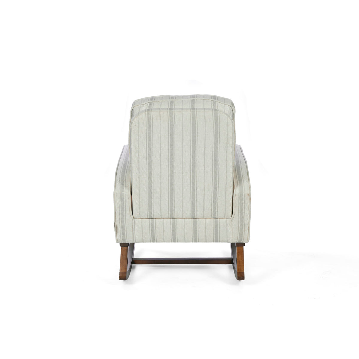 A back view of the Luca rocking chair in cashmere vintage stripe with walnut rocking chair legs in a white background.