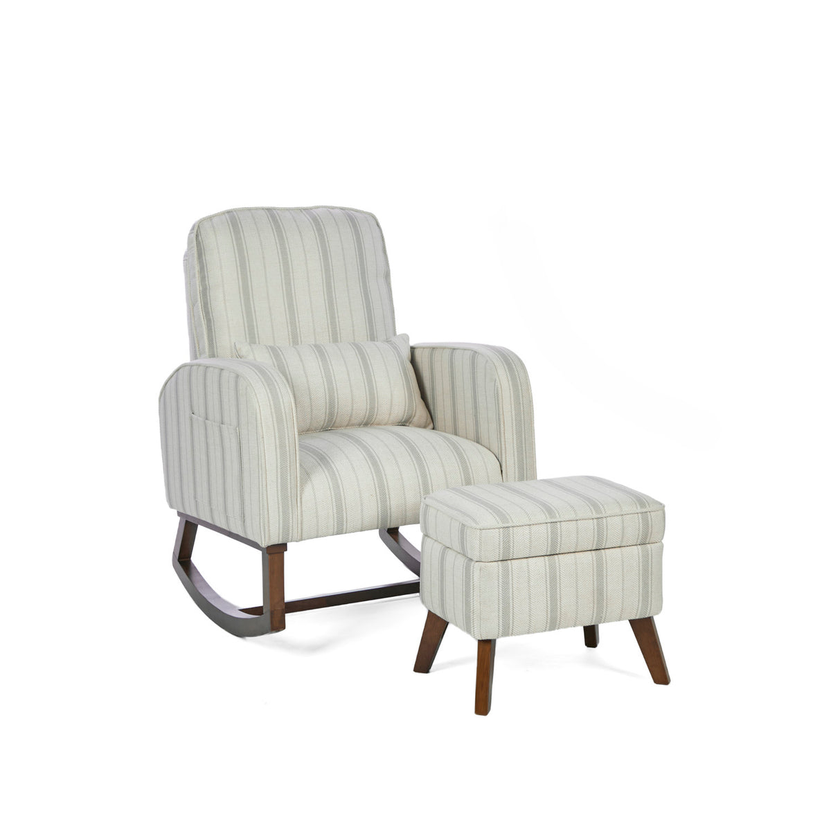 An angle view of the Luca rocking chair and matching footstool in cashmere vintage stripe with walnut legs in a white background.