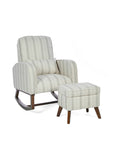 An angle view of the Luca rocking chair and matching footstool in cashmere vintage stripe with walnut legs in a white background.