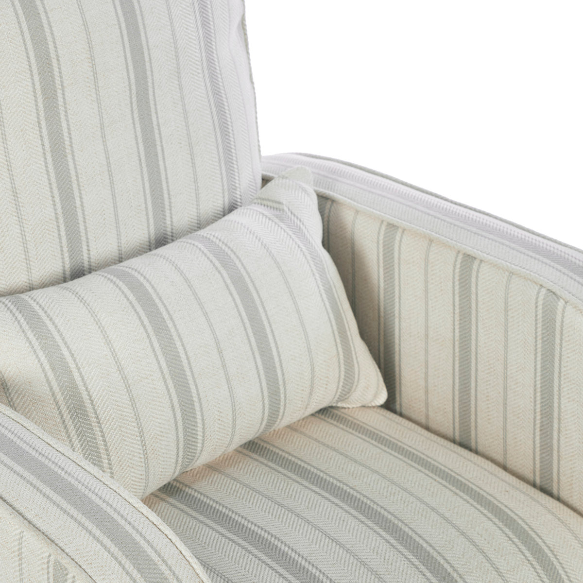 A close up of the Luca rocking chair in cashmere vintage stripe with a matching supportive pillow in a white background.