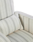 A close up of the Luca rocking chair in cashmere vintage stripe with a matching supportive pillow in a white background.