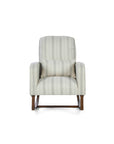 A front view of the Luca rocking chair in cashmere vintage stripe with walnut rocking chair legs in a white background.