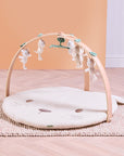 Luxury wood muslin play gym in Love Cats design with padded character mat and hanging toys on natural wooden frame.