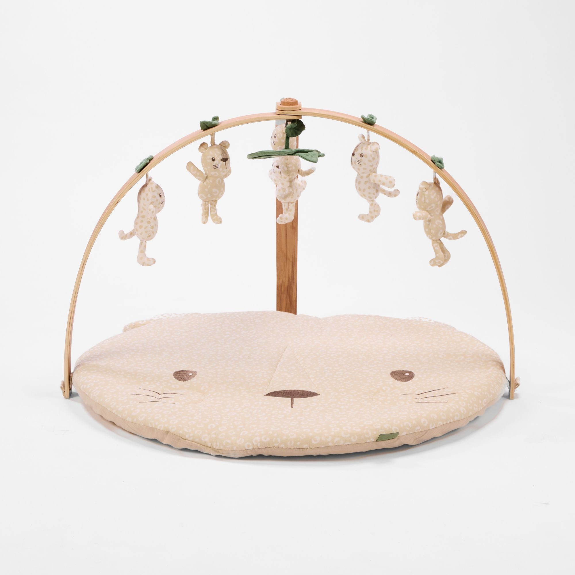 Front view of Love Cats luxury wood muslin play gym featuring curved wooden arch and hanging soft toys.