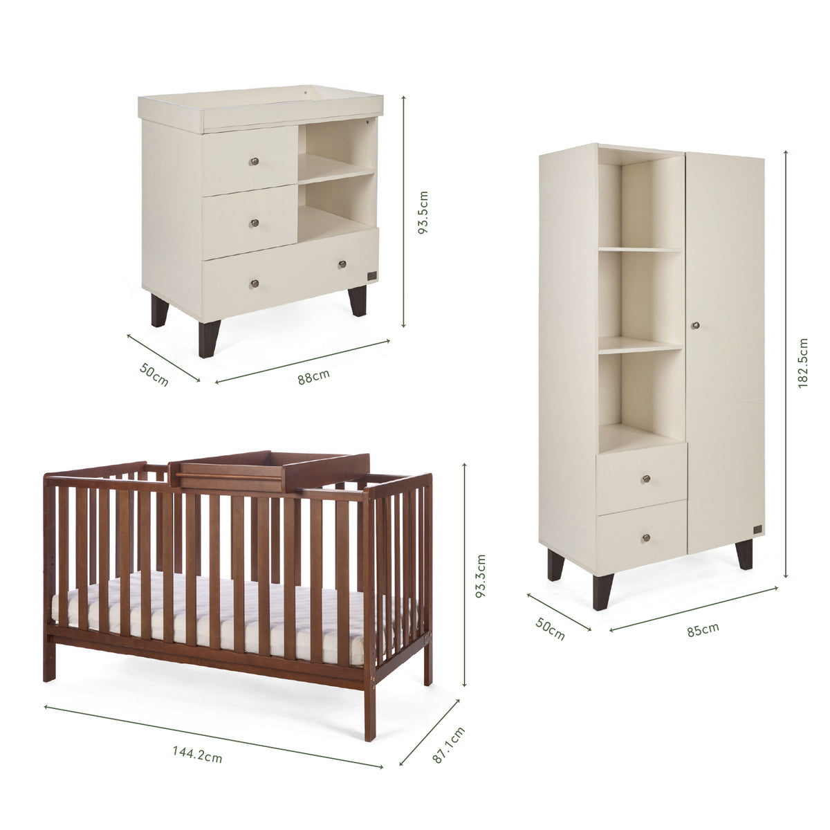 Dimensions of the Origin Malmo 3pc Nursery Furniture Set which includes a chest changer, cot bed and nursery wardrobe.