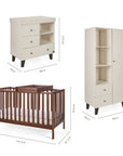 Dimensions of the Origin Malmo 3pc Nursery Furniture Set which includes a chest changer, cot bed and nursery wardrobe.