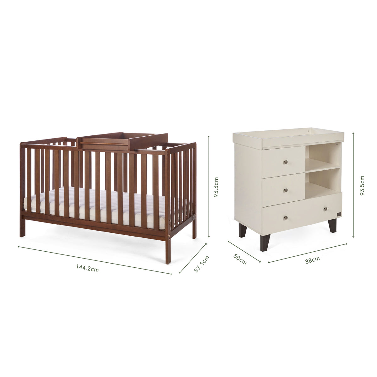 Dimensions of the Origin Malmo 2pc Nursery Furniture Set which includes a cot bed and chest changer.