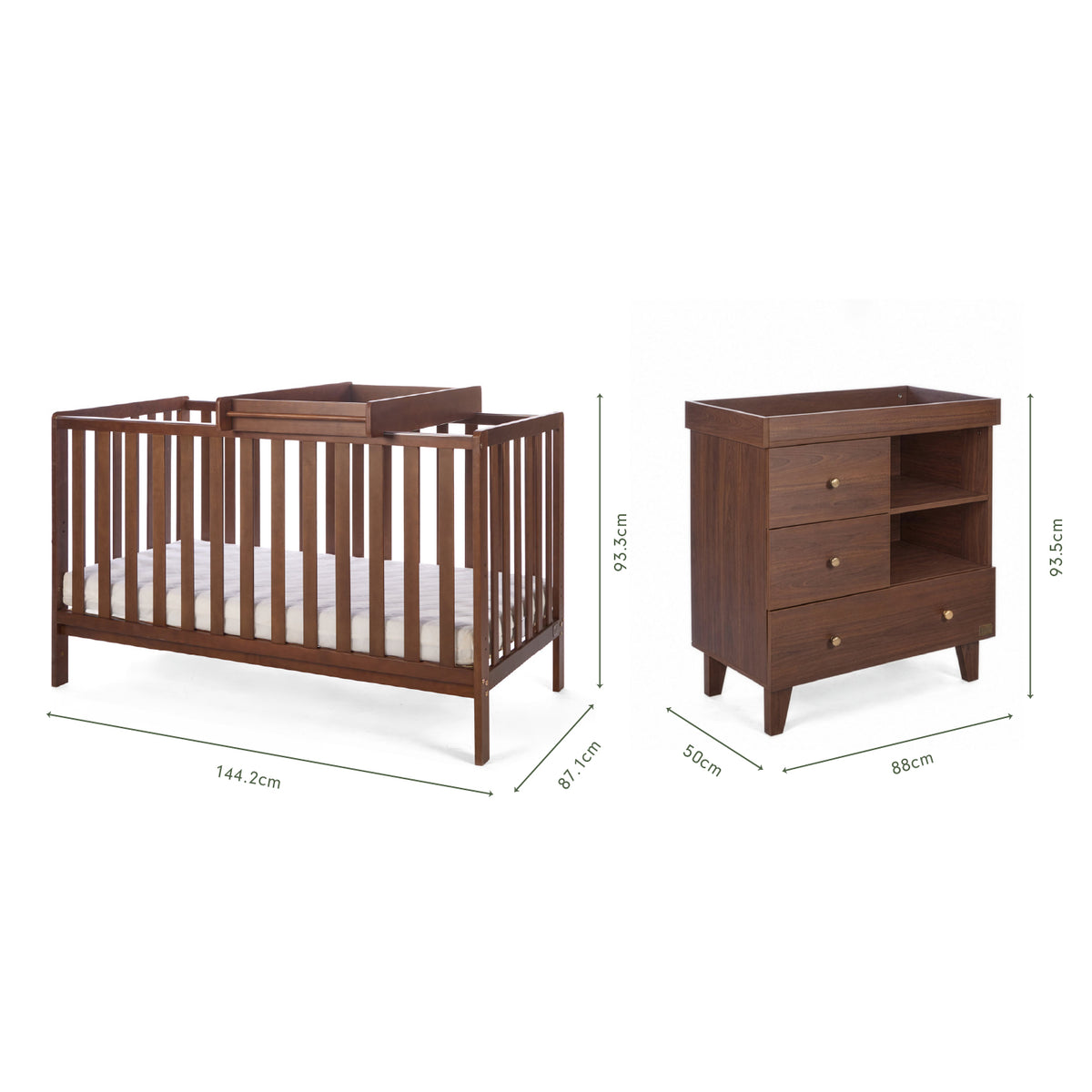 Dimensions of the Origin Malmo 2pc Nursery Furniture Set which includes a cot bed and chest changer.