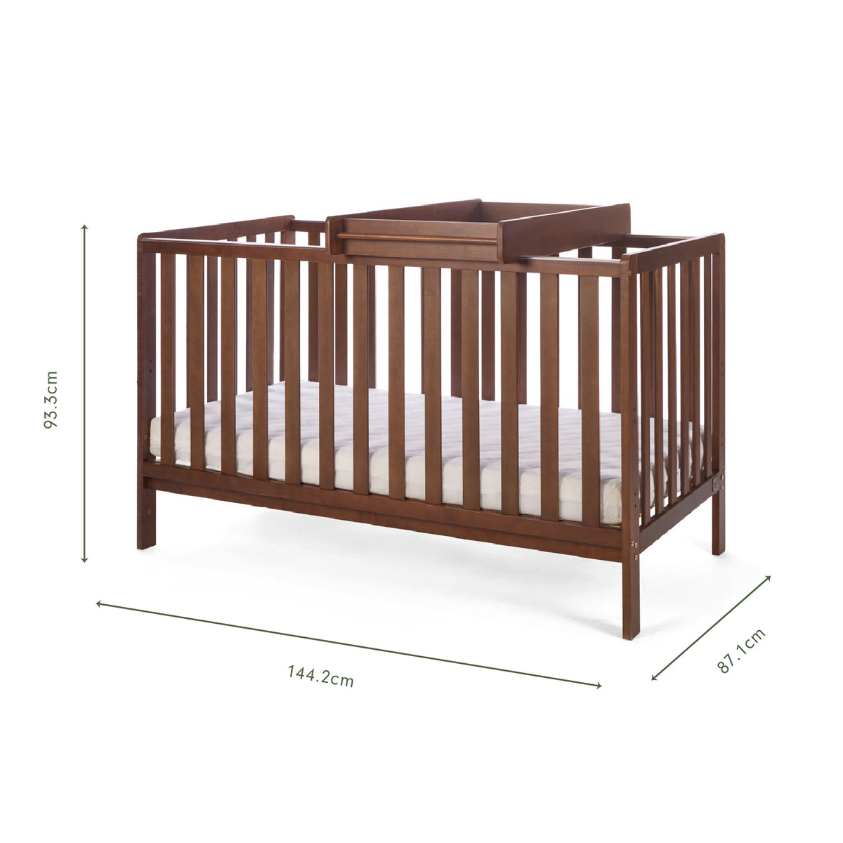 An infographic of a wooden cot bed with a top cot changer showing dimension markings of 144.2 cm length, 87.1 cm width, and 93.3 cm height, on a plain white background.