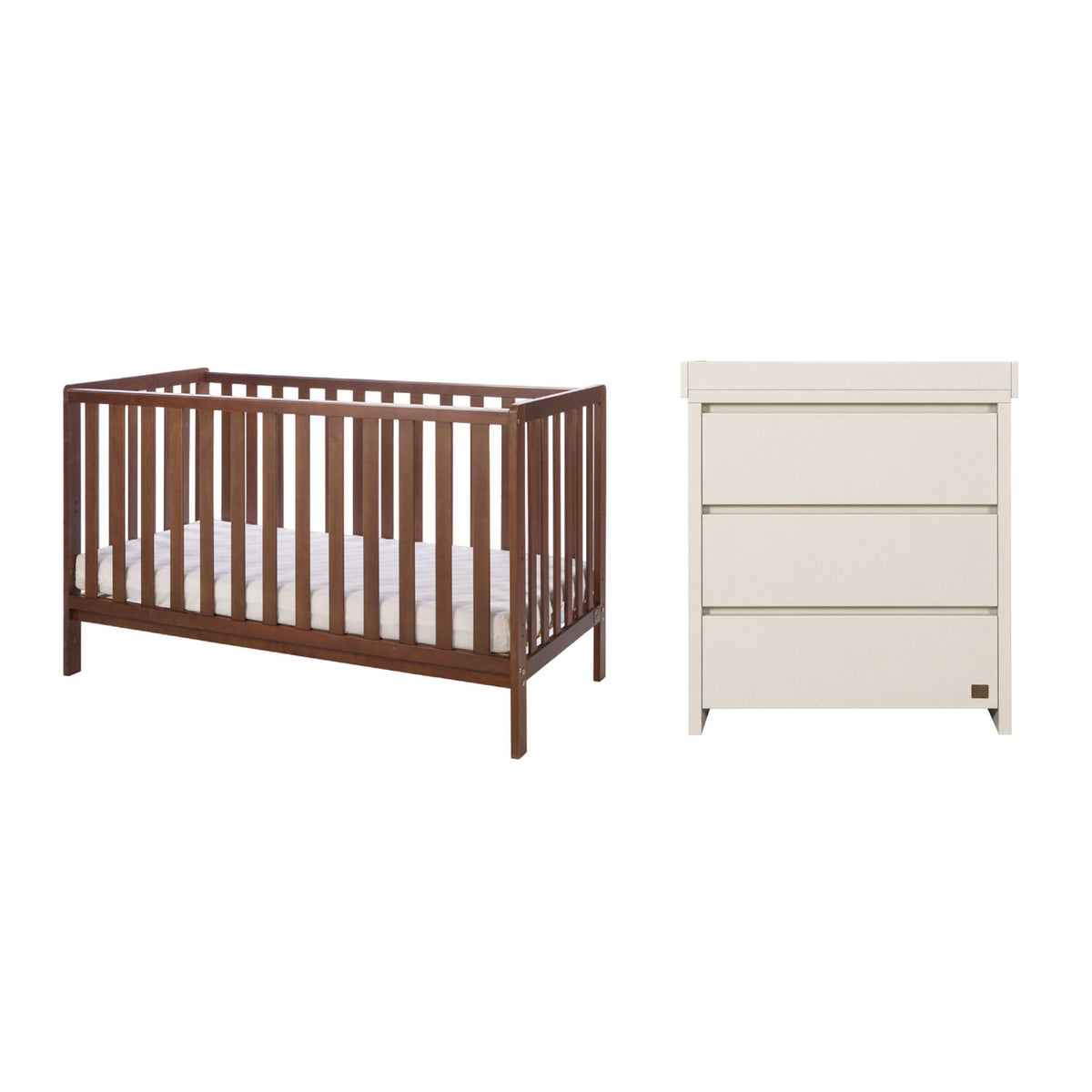 A nursery furniture set featuring a dark brown wooden cot bed with a mattress and a cream-colored three-drawer dresser with a changing unit, shown against a plain white background.