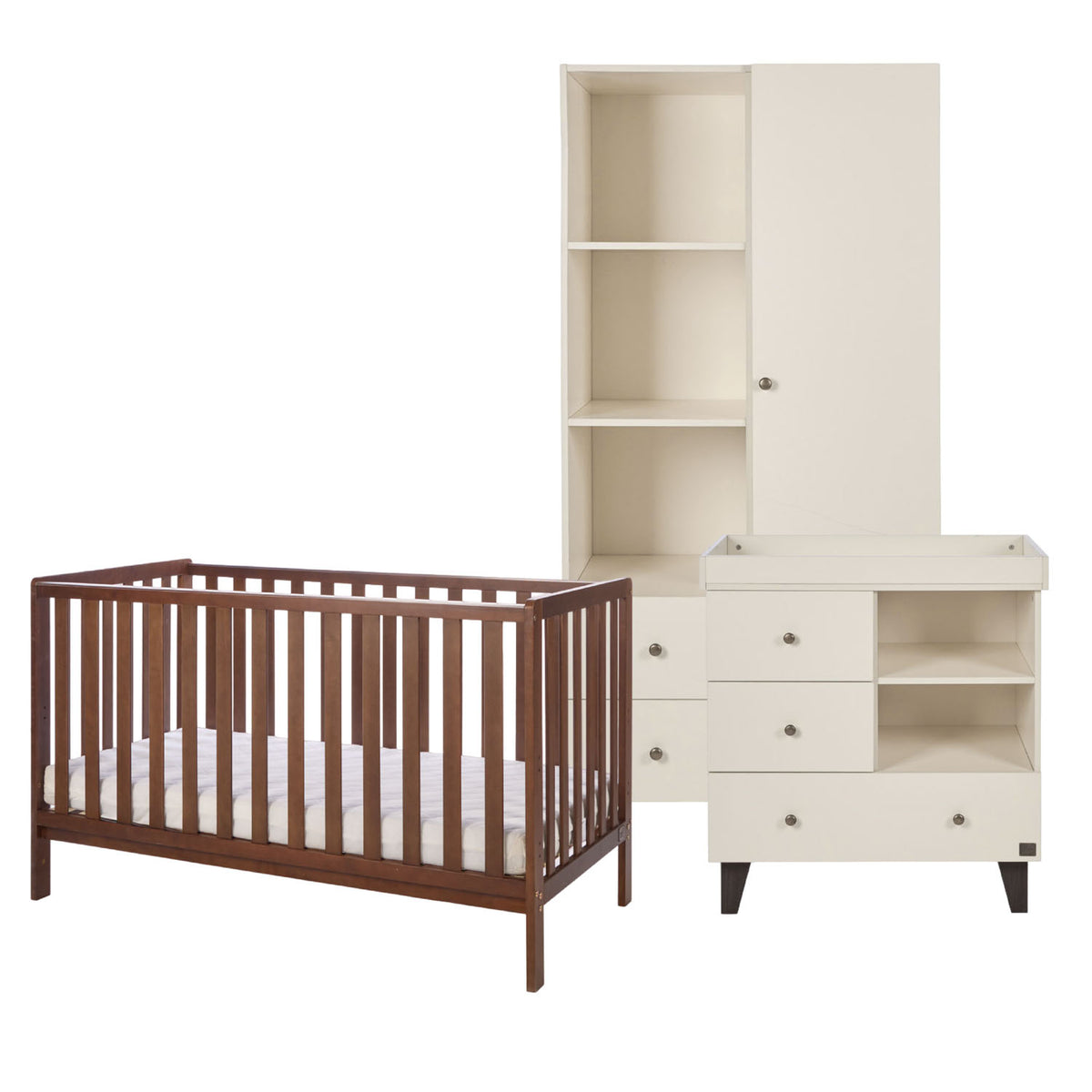 A baby nursery furniture set including a dark brown wooden cot bed with a mattress, a cream-colored changing table with drawers and shelves, and a matching tall wardrobe, shown on a plain white background.