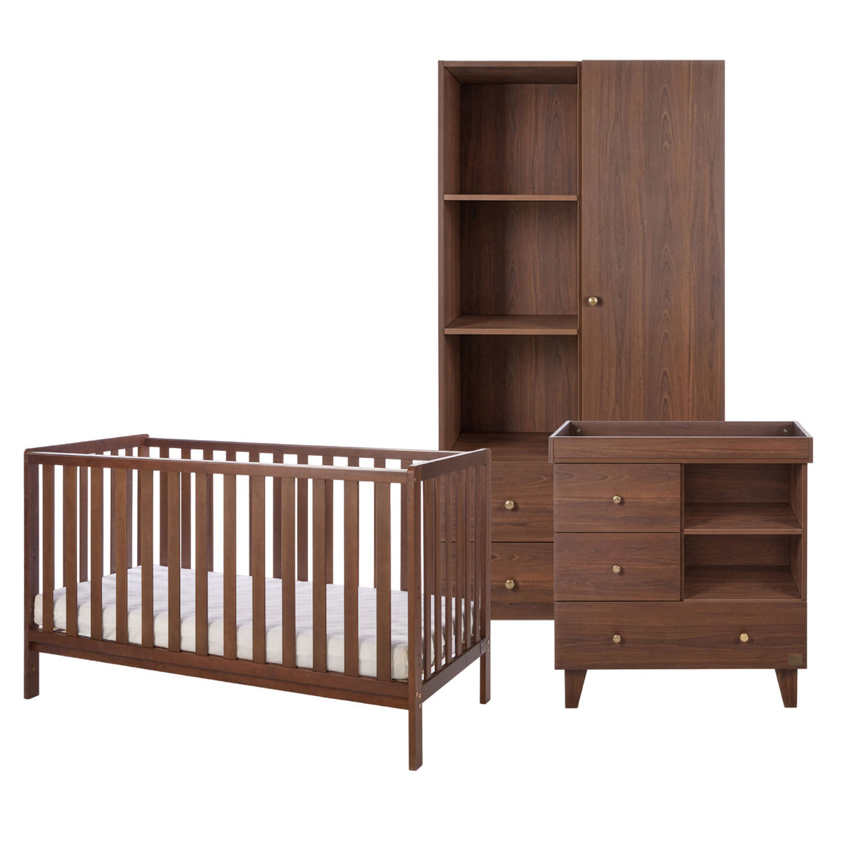 A 3-piece baby nursery furniture set in dark brown wood, including a convertible cot bed, a tall wardrobe, a changing table with three drawers, shown on a solid white background.