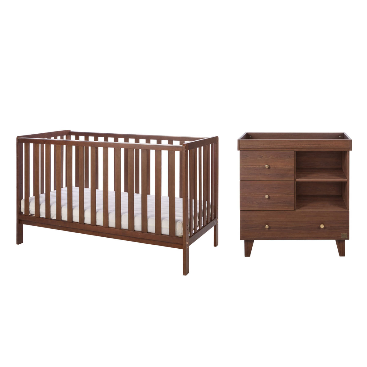 A cot bed and changing table set in matching dark brown walnut wood, shown on a plain white background.